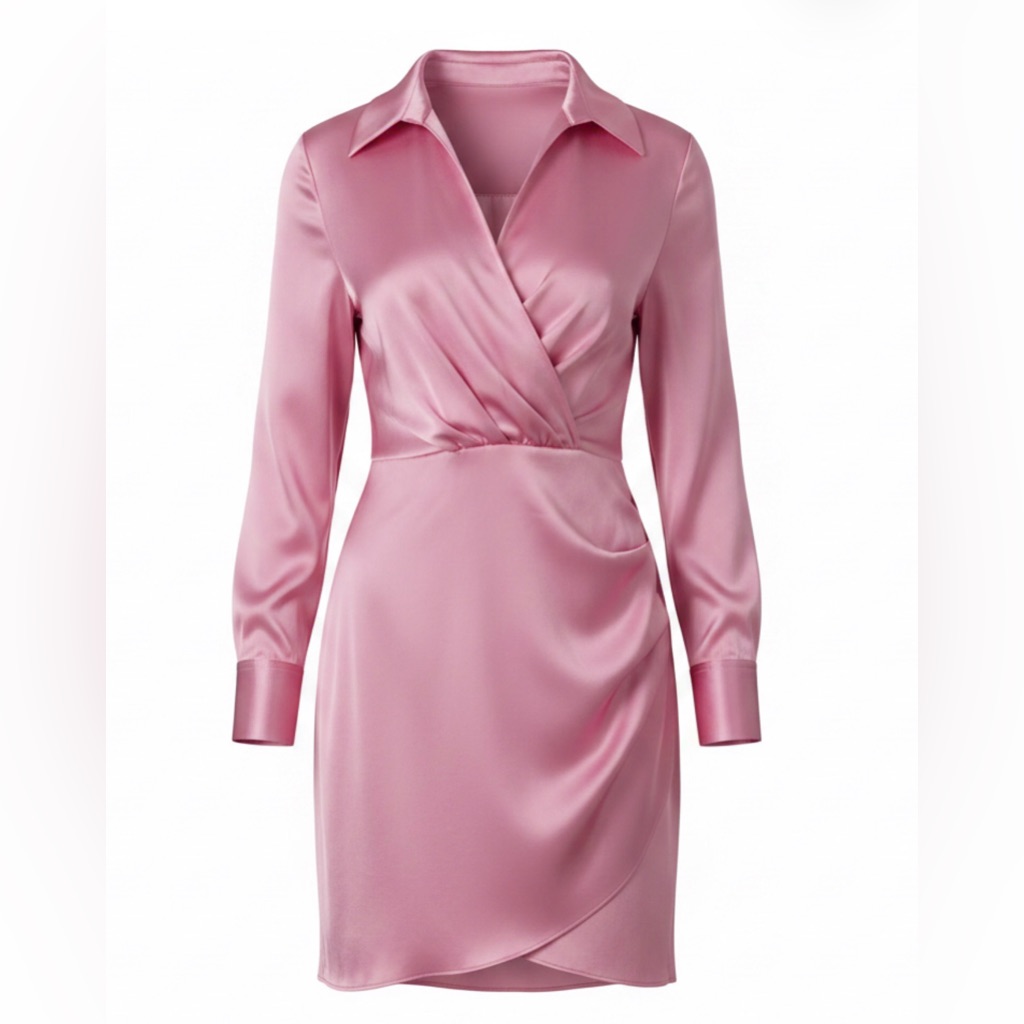 Zara Pink Satin Wrap Mini Dress Long Sleeve Collared Tulip Hem Size Large
